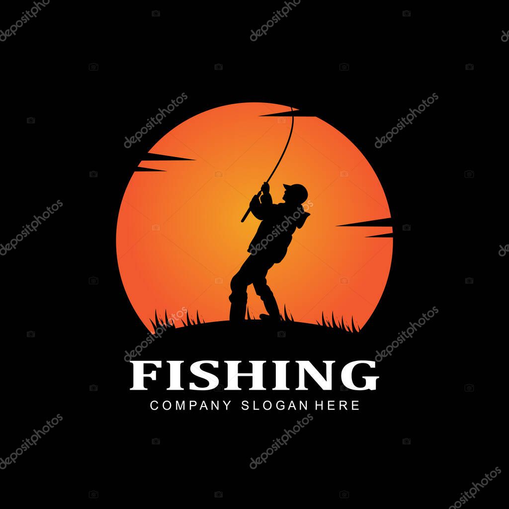 Fishing logo icon vector, catch fish on the boat, outdoor sunset silhouette design