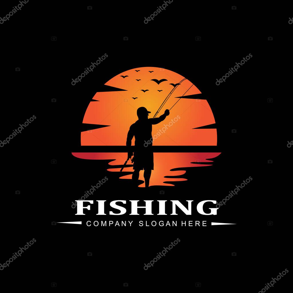 Fishing logo icon vector, catch fish on the boat, outdoor sunset silhouette design