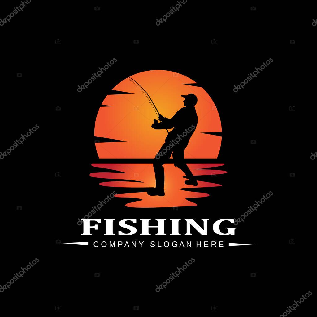 Fishing logo icon vector, catch fish on the boat, outdoor sunset silhouette design