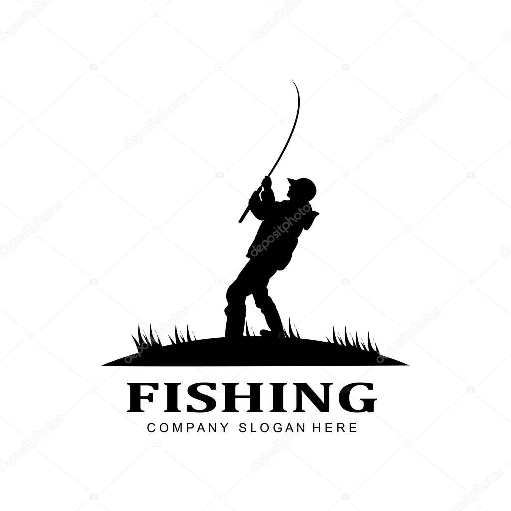 Fishing logo icon vector, catch fish on the boat, outdoor sunset silhouette design