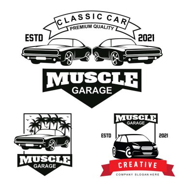 American Muscle Car Logo Vector. Klasik tasarım, eski tarz veya klasik araba garajı, dükkan, araba restorasyonu ve yarış, retro konsept.