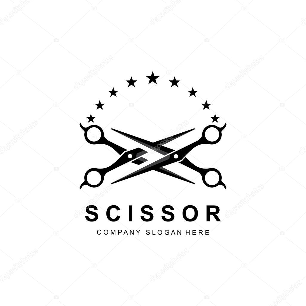 Scissors Logo Design, Vector Illustration Cutting Tool Icon Sticker Banner And Barber Company Brand