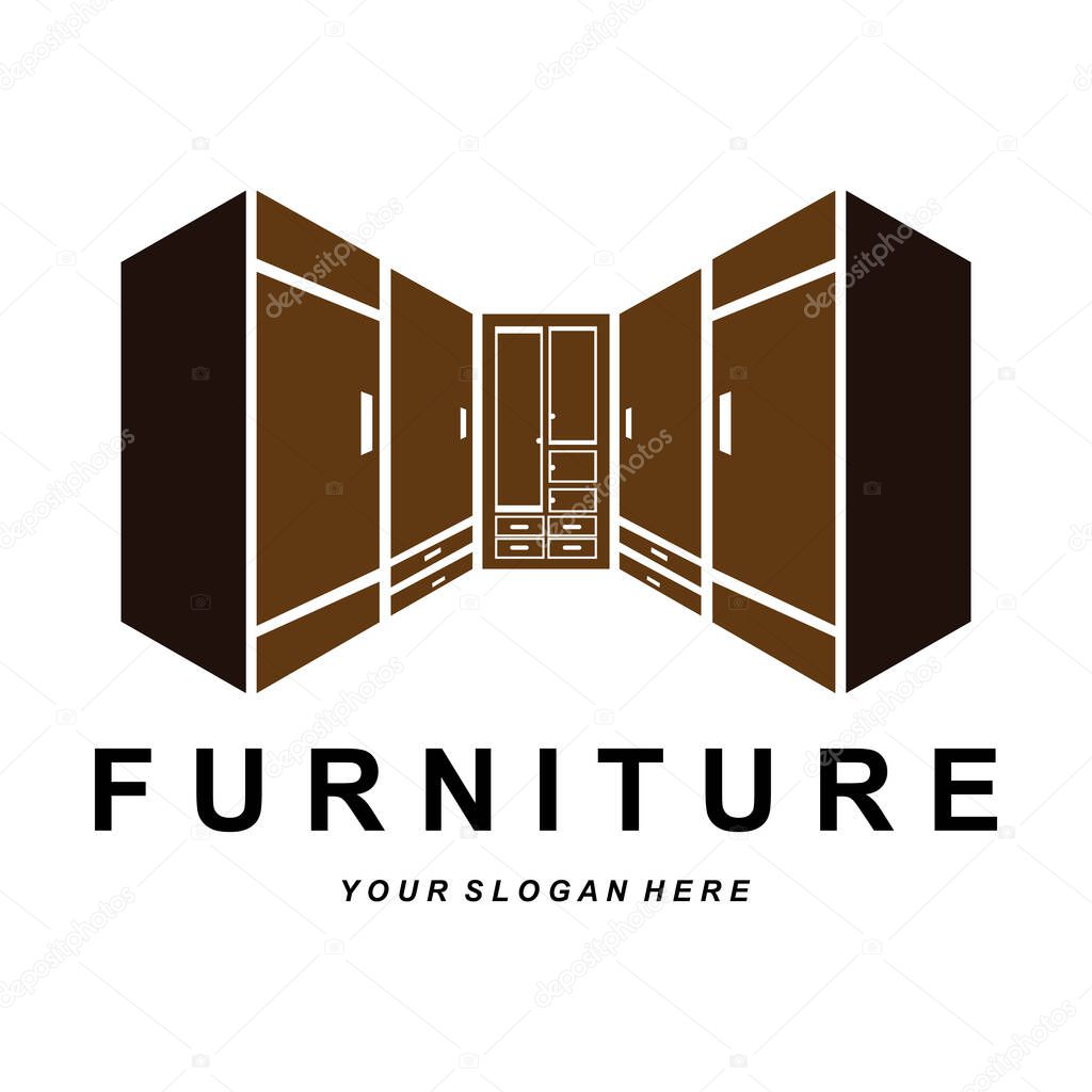 Wardrobe Logo Design, Furniture Clothes Place Illustration, Wood Craft Company Brand Icon Vector