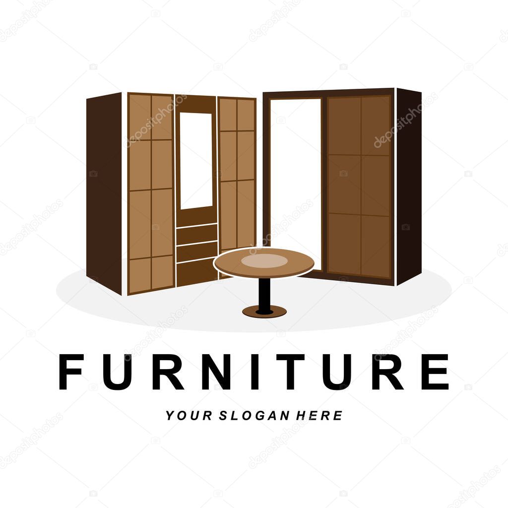 Wardrobe Logo Design, Furniture Clothes Place Illustration, Wood Craft Company Brand Icon Vector