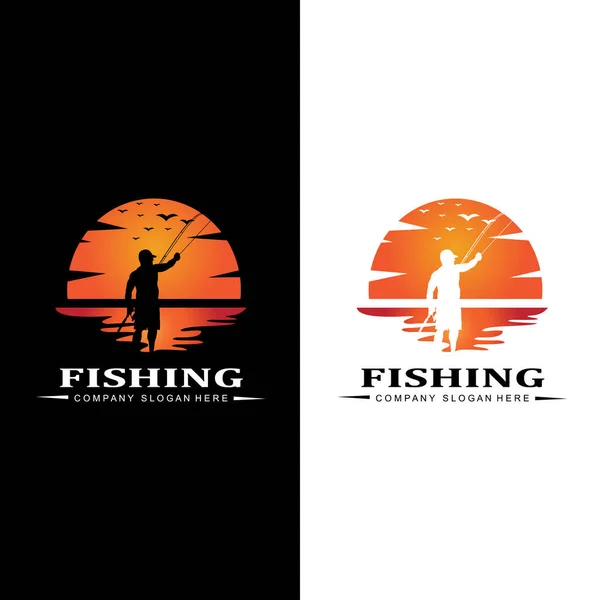 Fishing Logo Icon Vector Catch Fish Boat Outdoor Sunset Silhouette — Stock vektor