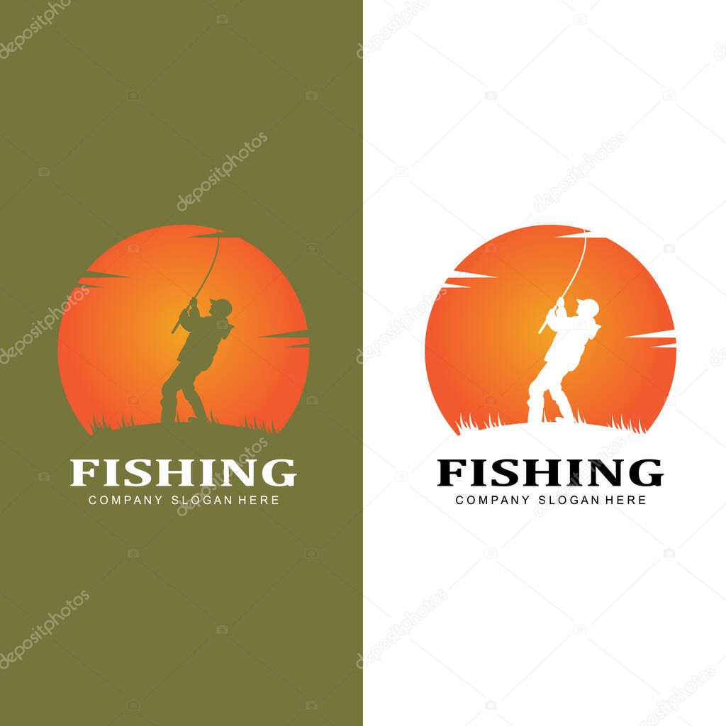 Fishing logo icon vector, catch fish on the boat, outdoor sunset silhouette design