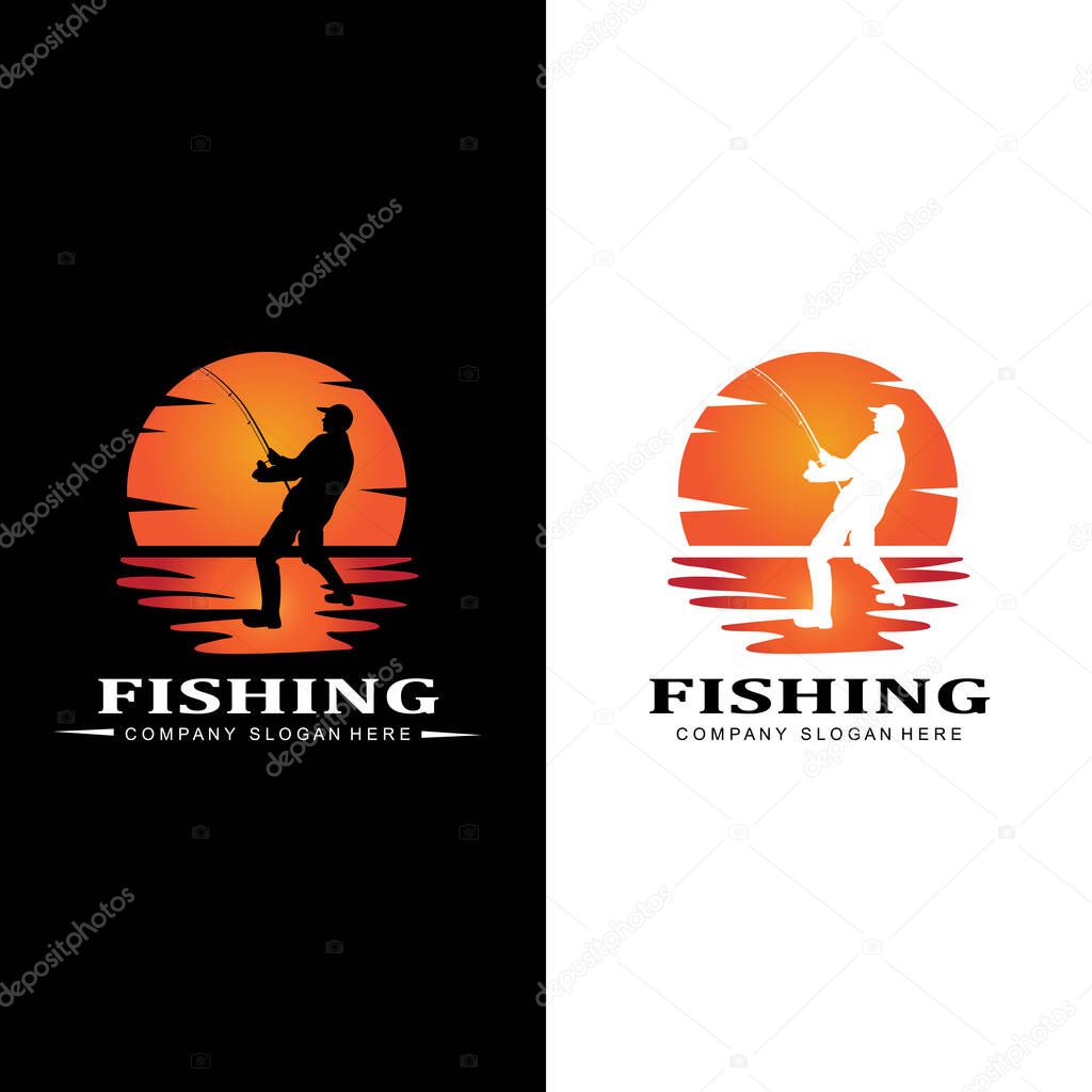 fishing logo icon vector, catch fish on the boat, outdoor sunset silhouette design