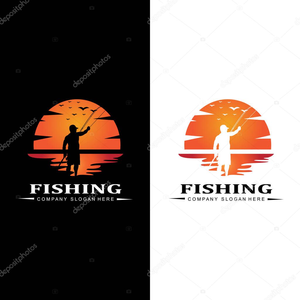Fishing logo icon vector, catch fish on the boat, outdoor sunset silhouette design