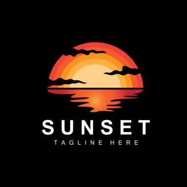 Sunset Beach Logo Design, Seascape Illustration, Red Day Vacation Spot Vector
