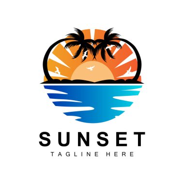 Sunset Beach Logo Design, Seascape Illustration, Red Day Vacation Spot Vector