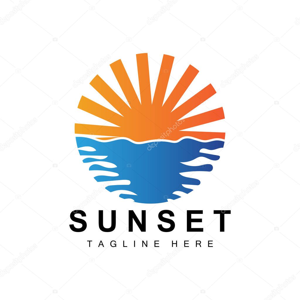 Sunset Beach Logo Design, Seascape Illustration, Red Day Vacation Spot Vector