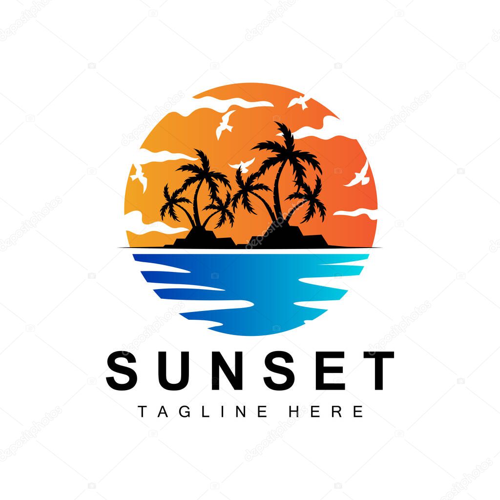 Sunset Beach Logo Design, Seascape Illustration, Red Day Vacation Spot Vector