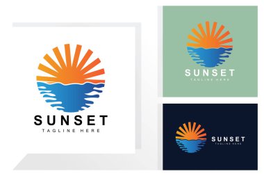 Sunset Beach Logo Design, Seascape Illustration, Red Day Vacation Spot Vector