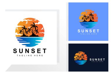 Sunset Beach Logo Design, Seascape Illustration, Red Day Vacation Spot Vector