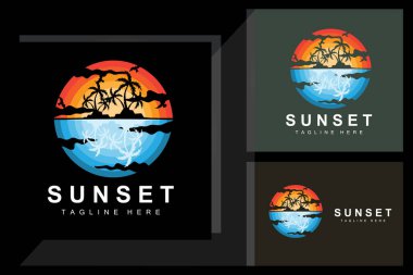 Sunset Beach Logo Design, Seascape Illustration, Red Day Vacation Spot Vector