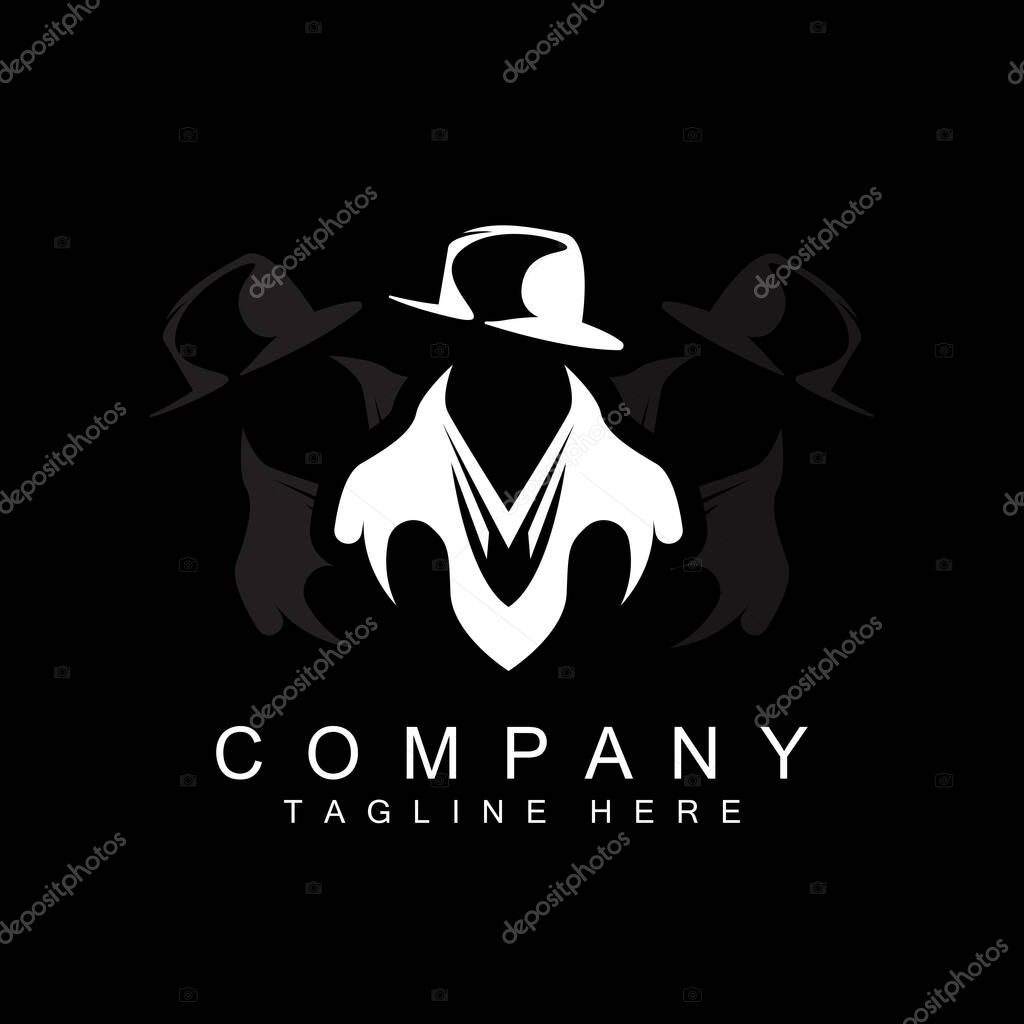 Detective Man Logo Design, Mafia Detective Fashion Tuxedo And Hat Illustration Vector, BlackMan Businesman Icon