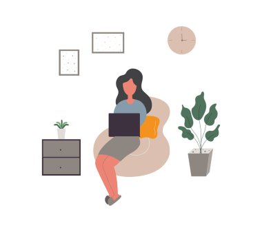 Evdeki Kavramsal Çizimler 'de çalışan genç kadınlar evdeki kanepe ve dizüstü bilgisayarlarda bağımsız olarak çalışıyorlar. Ve çiçek saksısı Sosyal Mesafe Vektörü İllüstrasyonunun yanına yerleştirildi