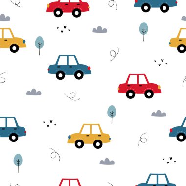 Kusursuz tekrarlama vektör deseni Vintage araba arka planı, renkli ve ağaçlar ve çimen vektörü illüstrasyonu ile