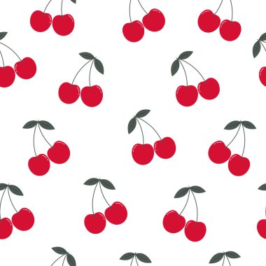 Kırmızı kirazlı arka plan, kusursuz desen rastgele dağılıyor. Tekstil, kumaş, yayın, hediye ambalajı, vektör illüstrasyonu için kullanılan tasarım