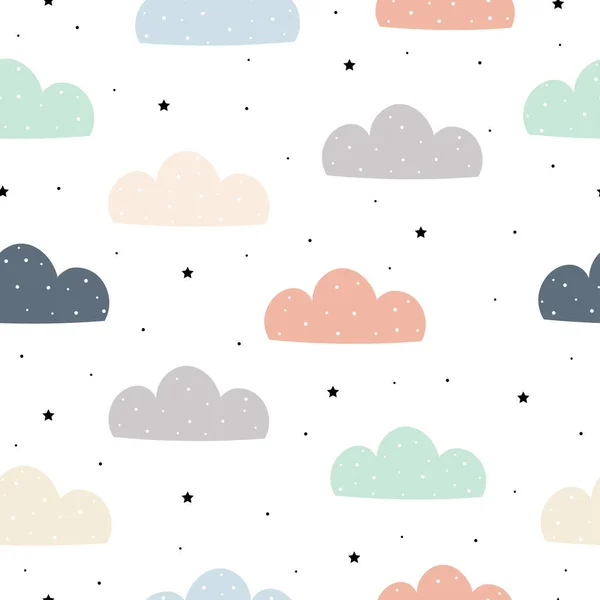 白い空にパステル雲と手描きの背景子供のためのかわいいシームレスなパターン出版 包装紙 衣類のためのアイデアを設計します ベクターイラスト — ストックベクタ