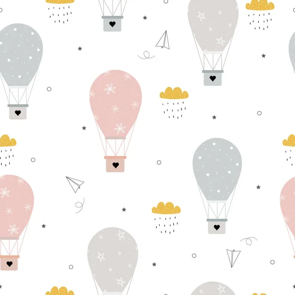 シームレスなパターン熱気球の背景雲と雨で空に浮かぶテキスタイル パターン 子供服 ギフトラッピング ベクトルイラストに使用されるデザインのアイデア — ストックベクタ