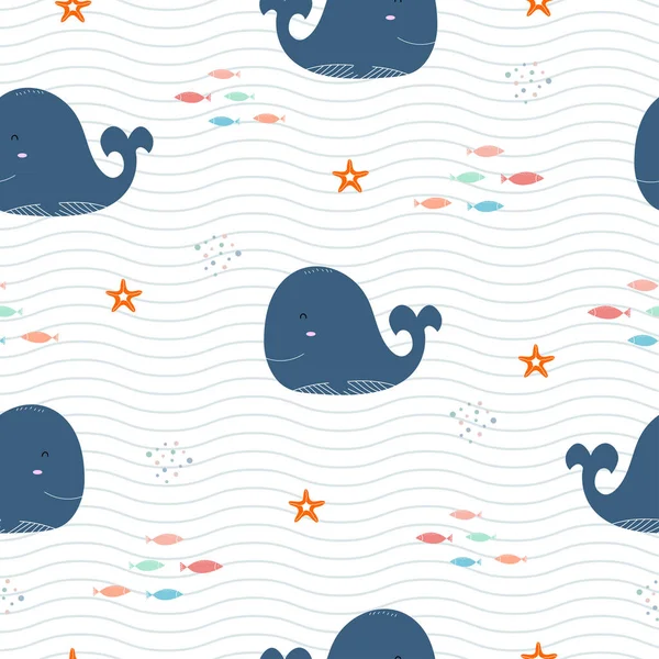 海のクジラのシームレスな漫画パターン 新生児のアパレル ベクターのイラストのための漫画様式の設計の手描きの設計 — ストックベクタ