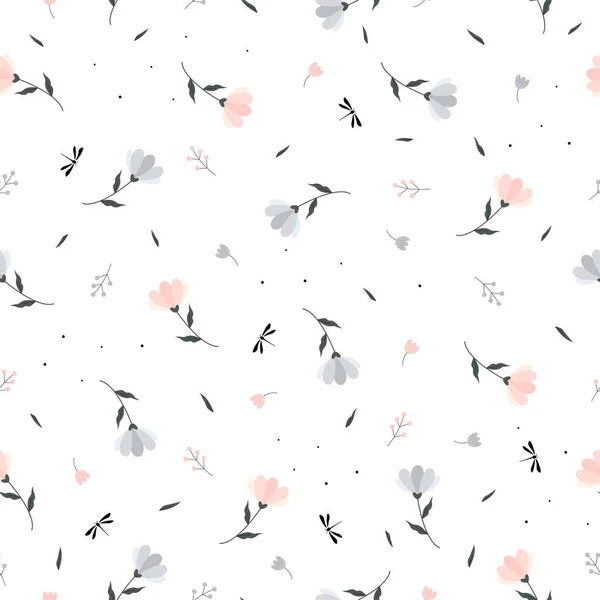 Patrón Textura Sin Costuras Fondo Flores Pequeño Grande Libélula Pequeña — Vector de stock