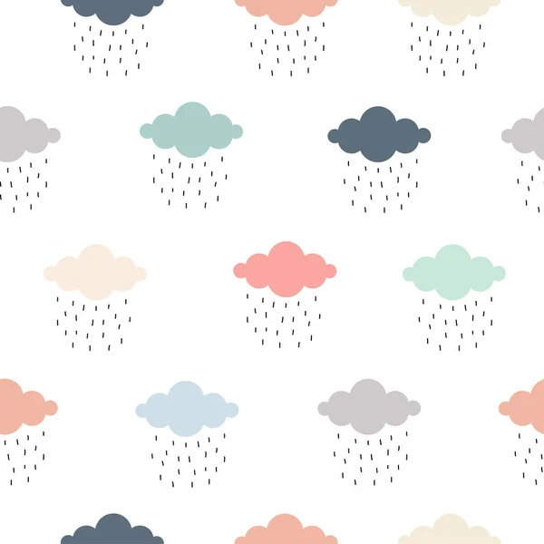 手描きベクトルシームレスパターン 雨とパステルカラーの雲の背景ギフト包装 出版物 ベクトルイラストで使用するための繰り返しデザイン — ストックベクタ
