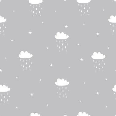 Kusursuz desen Gökyüzü arkaplanı beyaz bulut ve yağmur damlalarıyla çizilmiş el tasarımı kumaş, moda, tekstil, vektör çizimi için kullanılır