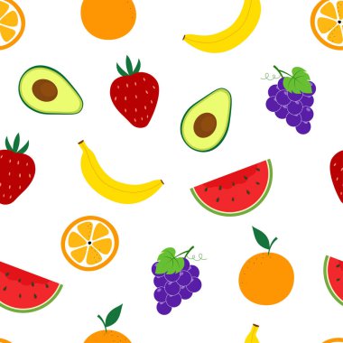 Karpuz ve çilek arkaplanlı kusursuz vektör arkaplanı. Çizgi film stili meyve desenli kumaş, tekstil, duvar kağıdı için çizilmiş.