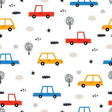 Ağaçlar ve bulutlarla kusursuz desenli klasik araba arkaplanı. Çizgi film tarzında çizilmiş el çizimi tasarımı yayın, duvar kâğıdı, tekstil temsilciliği