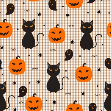 Siyah kedi ve hayalet balkabağı elli cadılar bayramı deseni çocuk tarzında çizilmiş karikatür arka planı baskı, duvar kâğıdı, tekstil, moda vektörü ilülasyonu