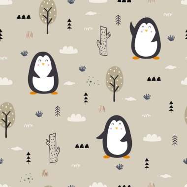 Penguen desenli kusursuz vektör bez, moda ve tekstil için kullanılan ağaçlarla çayırda duruyor.