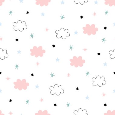 Beyaz zemin üzerinde kusursuz desenli bulutlar ve yıldızlar. Çizgi film tarzında el çizimi. Kumaş, moda, tekstil için kullanılır.