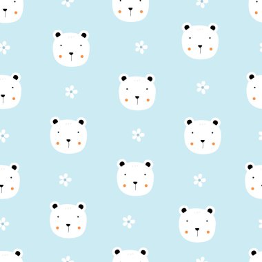 Sevimli beyaz ayı desensiz. El, çocuk tarzında hayvan arkaplanı çizmiş. Kumaş, tekstil, moda ve yayınlarda kullanılan vektör tasarımı.