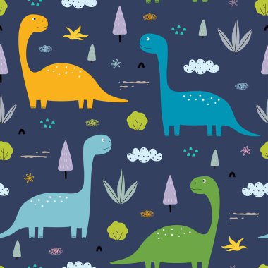 Ormandaki dinazorlar ve ağaçlar kusursuz şekilli şirin çizgi film hayvan arka planı çocuk stili baskı, duvar kâğıdı, kumaş, tekstil vektör çizimi için kullanılan tasarım