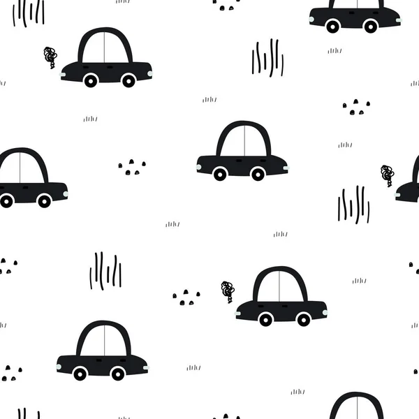 シームレスなパターンヴィンテージ車の背景白の背景にランダムに配置された手の漫画スタイルで描かれたデザイン ファブリック テキスタイル ベクトルイラストに使用 — ストックベクタ
