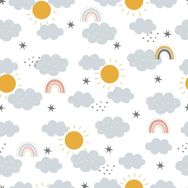 シームレスなパターン虹と雲と太陽と空の背景漫画スタイルで手描きデザイン出版 テキスタイル ベクトルイラストに使用 — ストックベクタ