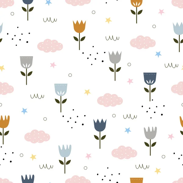 Naadloos Patroon Natuur Achtergrond Bloemen Wolken Handgetekend Ontwerp Cartoon Stijl — Stockvector