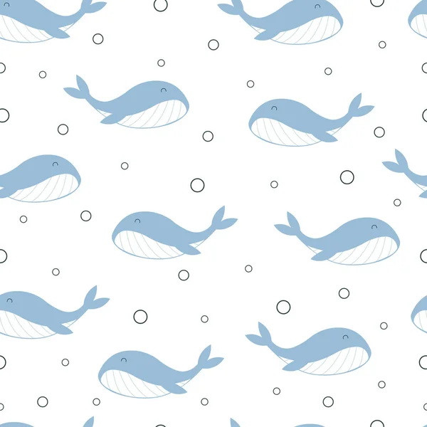 青いクジラと泡のシームレスなパターン海の動物の背景手は テキスタイル 衣類のパターン プリント 壁紙に使用される漫画のスタイルでデザインを描きましたベクトルイラスト — ストックベクタ