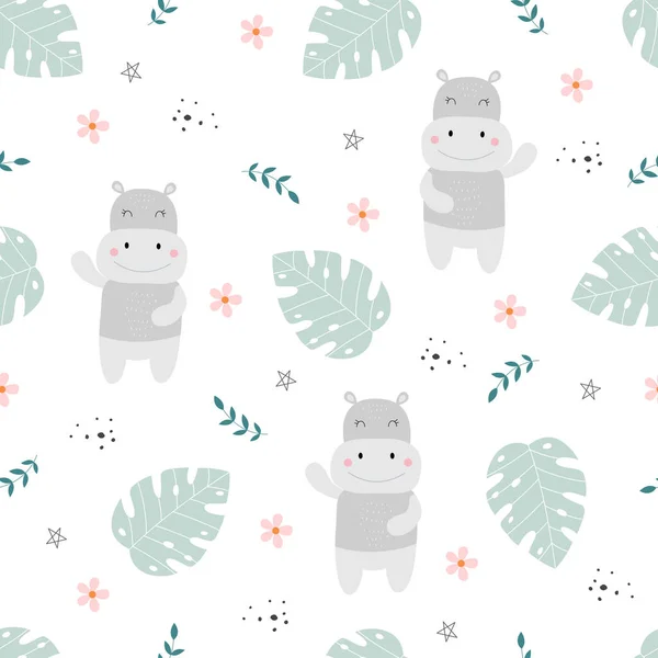 Seamless Pattern Vector Cute Cartoon Animal Background Hippos Green Leaves — Stock Vector