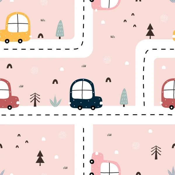シームレスなパターン車は道路を走っていて 途中に小さな木があった ファブリック ファッションテキスタイル ベクターイラストに使用されるピンクの背景に漫画風の手描きデザイン — ストックベクタ