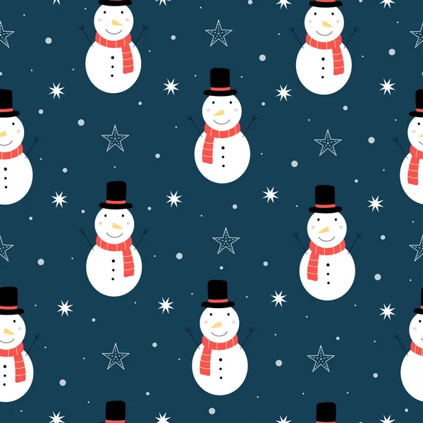 Patrón Sin Costuras Navidad Muñeco Nieve Copos Nieve Sobre Fondo — Vector de stock