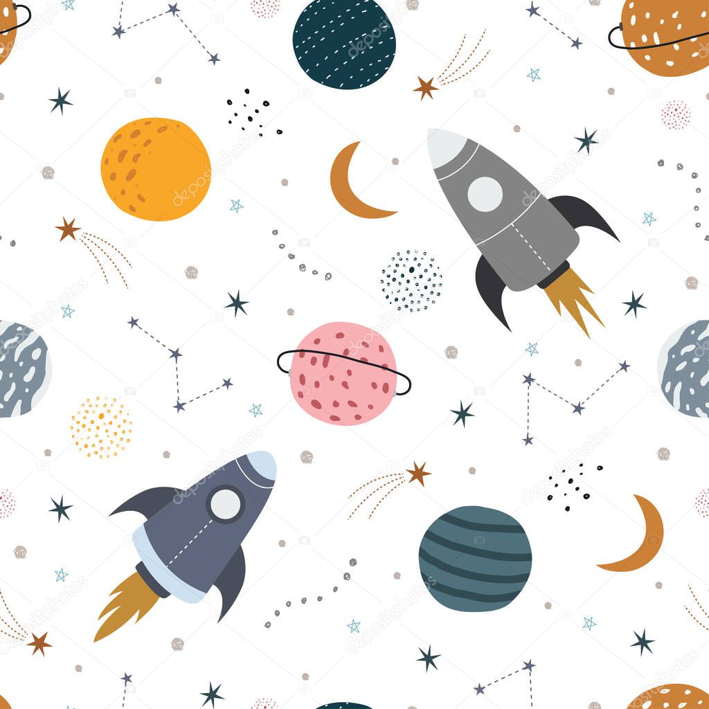 Space background illustration with rocket and stars Seamless vector pattern hand drawn in cartoon style used for print, wallpaper, decoration, textile fabric.