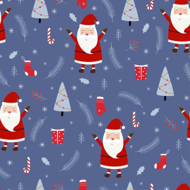 Kusursuz desenli Noel Baba 'nın hediyeleri ve Noel ağacı çizimi var. Çizgi film stili. Duvar kâğıdı baskısı, kutlama, moda tekstil illüstrasyonu için kullanılıyor.