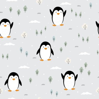 Kar ve çam ağaçlarında duran kusursuz desenli Penguen yayınlar, kumaşlar, tekstil, vektör çizimleri için kullanılır..
