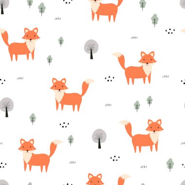 Tilki ve ağaçların arka plan çizgi film el çizimi şirin hayvanlar çizgi film stilinde kusursuz vektör deseni yayın, duvar kağıdı, kumaş, tekstil için kullanılır.