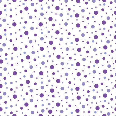 Soyut polka noktaları arka planda. Mor daire tasarımlı, beyaz, pürüzsüz desen. Yayınlar, posterler, kumaşlar, tekstil için tasarlanmış. Vektör illüstrasyonu