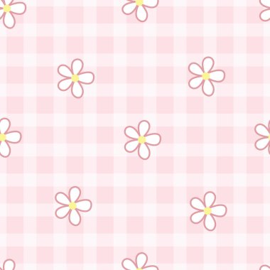 çiçek desenli ekose desen pembe ve beyaz dikişsiz vektör deseni baskılar, duvar kağıtları, tekstil, masa örtüleri, kareli arka planlar.