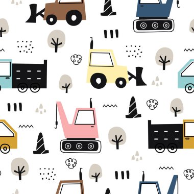 Beyaz arka planda traktörle el çizimi inşaat makineleri dikişsiz vektör deseni çizimi çizgi film stili baskı, duvar kağıdı, kumaş, moda, tekstil